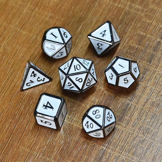 Metal Dice | White Enamel w/Silver | Set of 7
