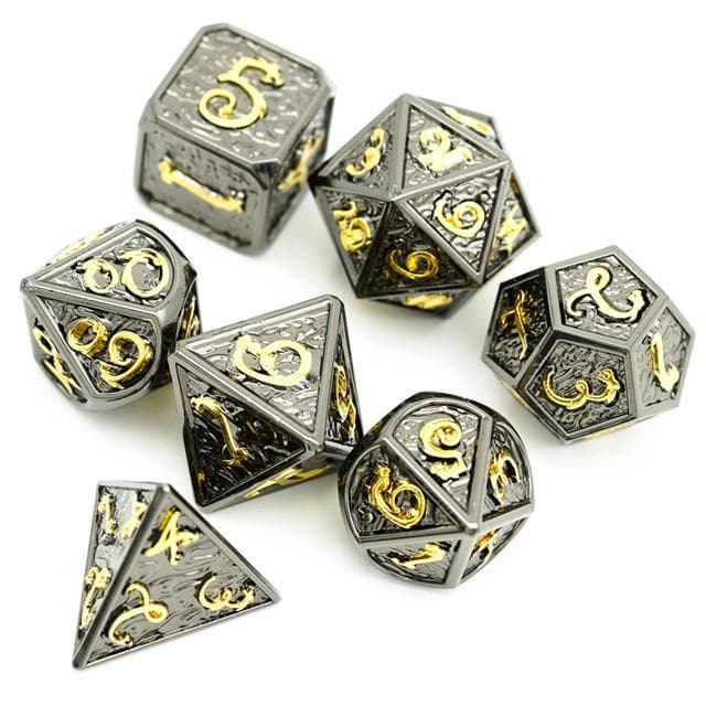 Metal Dice | Black Metal w/ Gold Dragon and Clouds | Set of 7