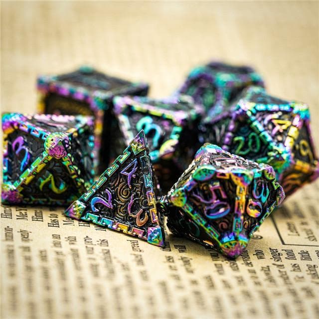 Metal Dice | "Dagger of Venom" Rainbow Black | Set of 7