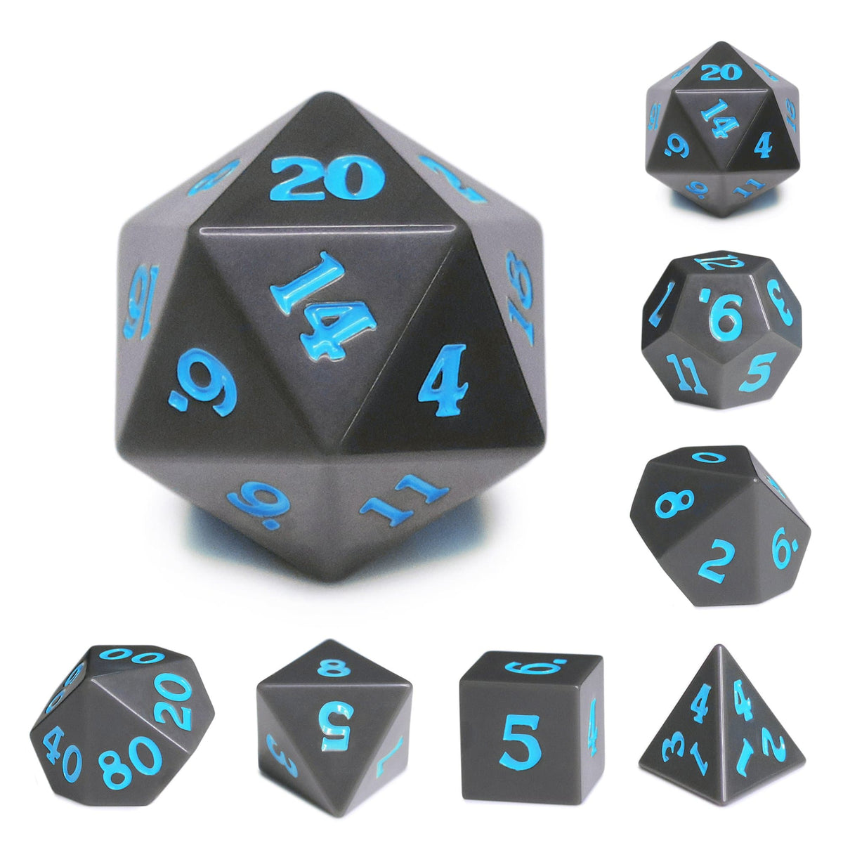 Polyhedral Dice Set | Acrylic | Slate w/ Blue Ink (Sharp Edged) | Set of 7 (D0007)