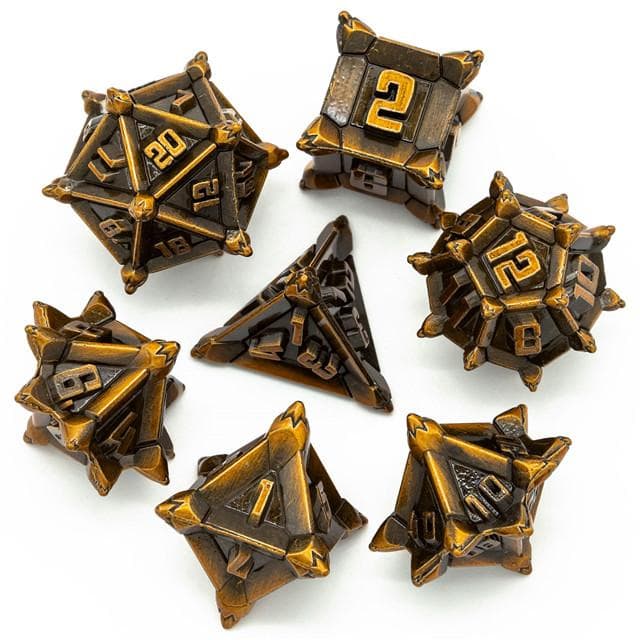 Metal Dice | "Cruel Caltrops" Brushed Golden | Set of 7
