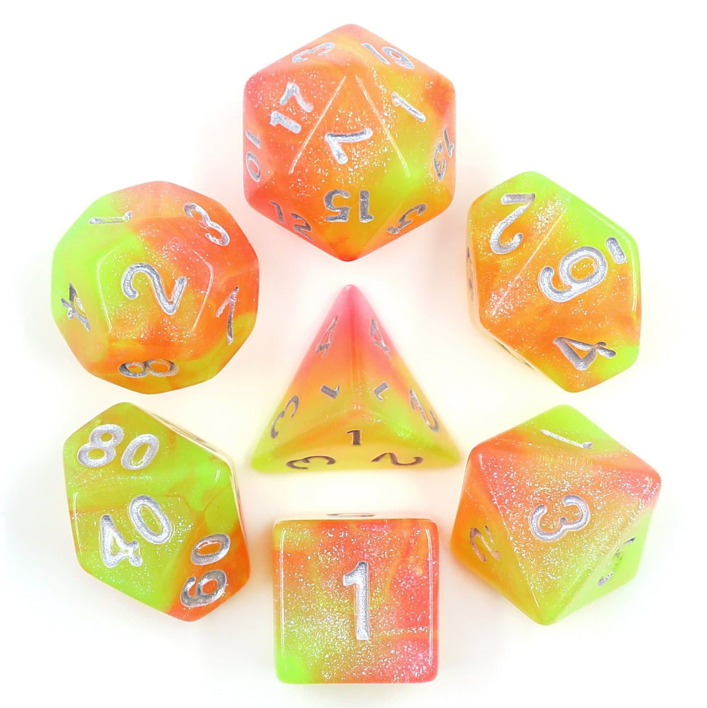 Polyhedral Dice Set | Acrylic | "Heat Shimmer" (Silver Ink) | Set of 7 (D0051)