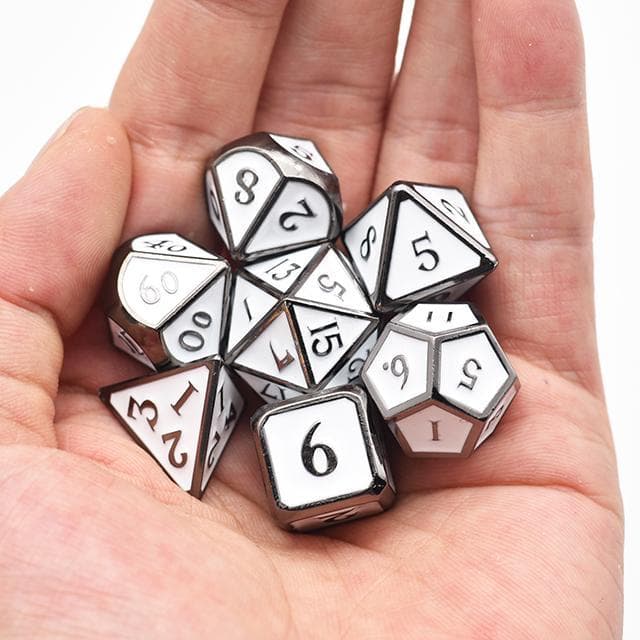 Metal Dice | White Enamel w/Silver | Set of 7