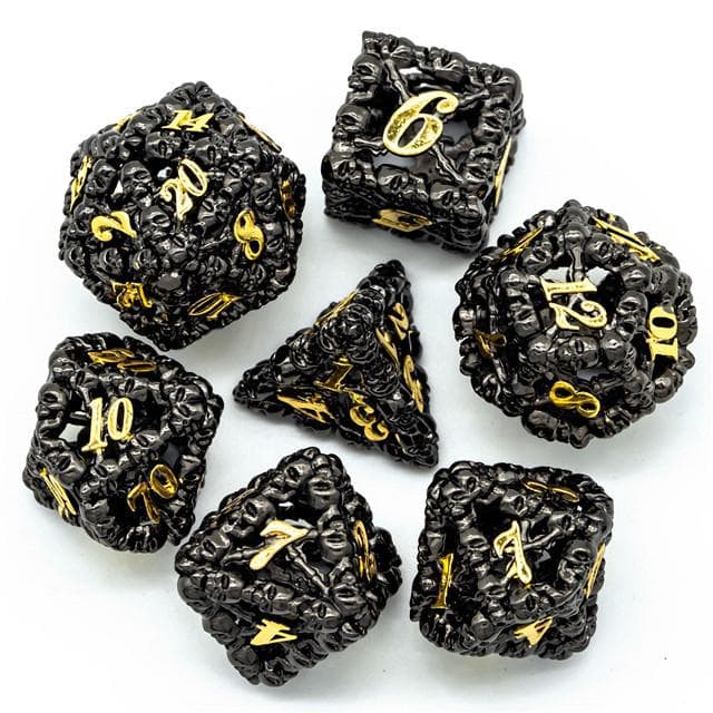 Metal Dice | Hollow "Skull" Black & Gold | Set of 7
