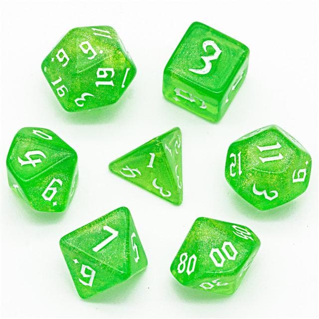 Polyhedral Dice Set | Acrylic | "Emerald Thorns" White Ink | Set of 7 (D0119)