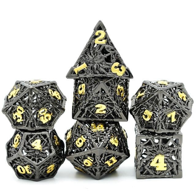 Metal Dice | Hollow "Spider" Black & Gold | Set of 7