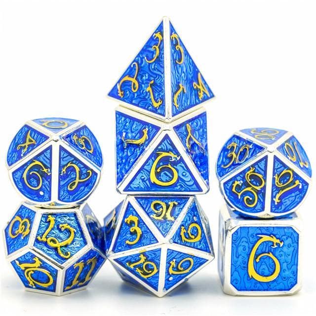 Metal Dice | Silver w/ Blue Enamel & Gold Dragon | Set of 7