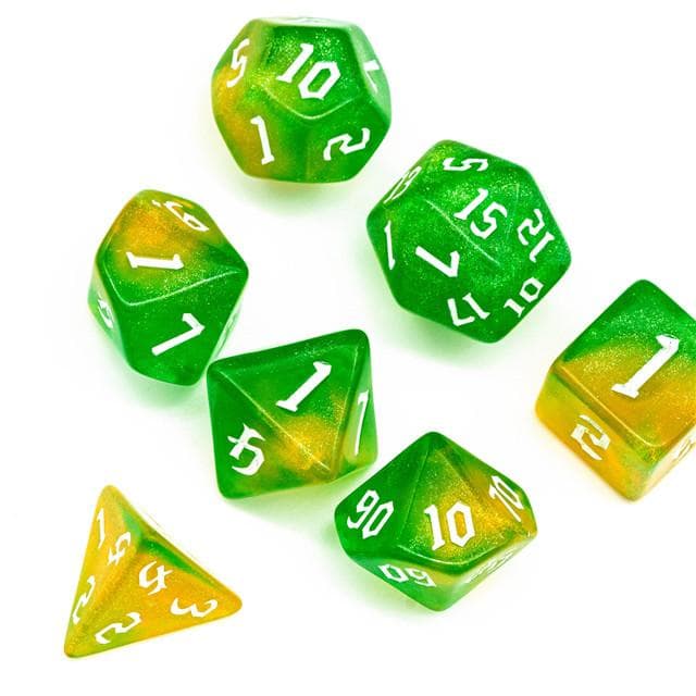 Polyhedral Dice Set | Acrylic | "Citrus Thorns" White Ink | Set of 7 (D0291)