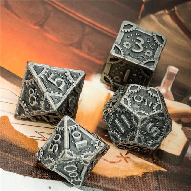 Metal Dice | "Grinding Gears" Silver | Set of 7