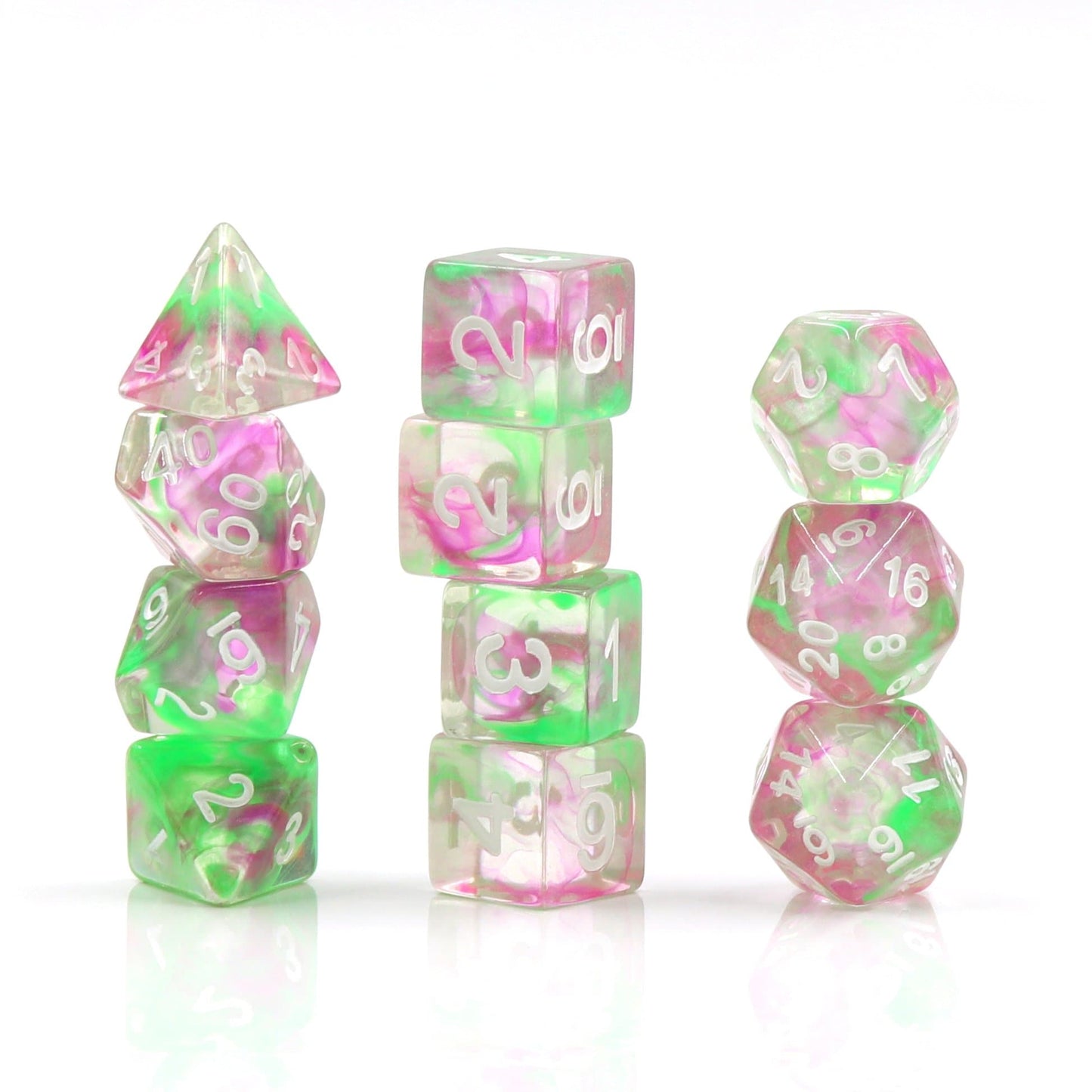 Polyhedral Dice Set | Acrylic | "Pearl Swirl" Green + Purple | Set of 11 (D1111)