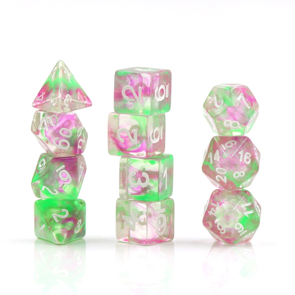 Polyhedral Dice Set | Acrylic | "Pearl Swirl" Green + Purple | Set of 11 (D1111)