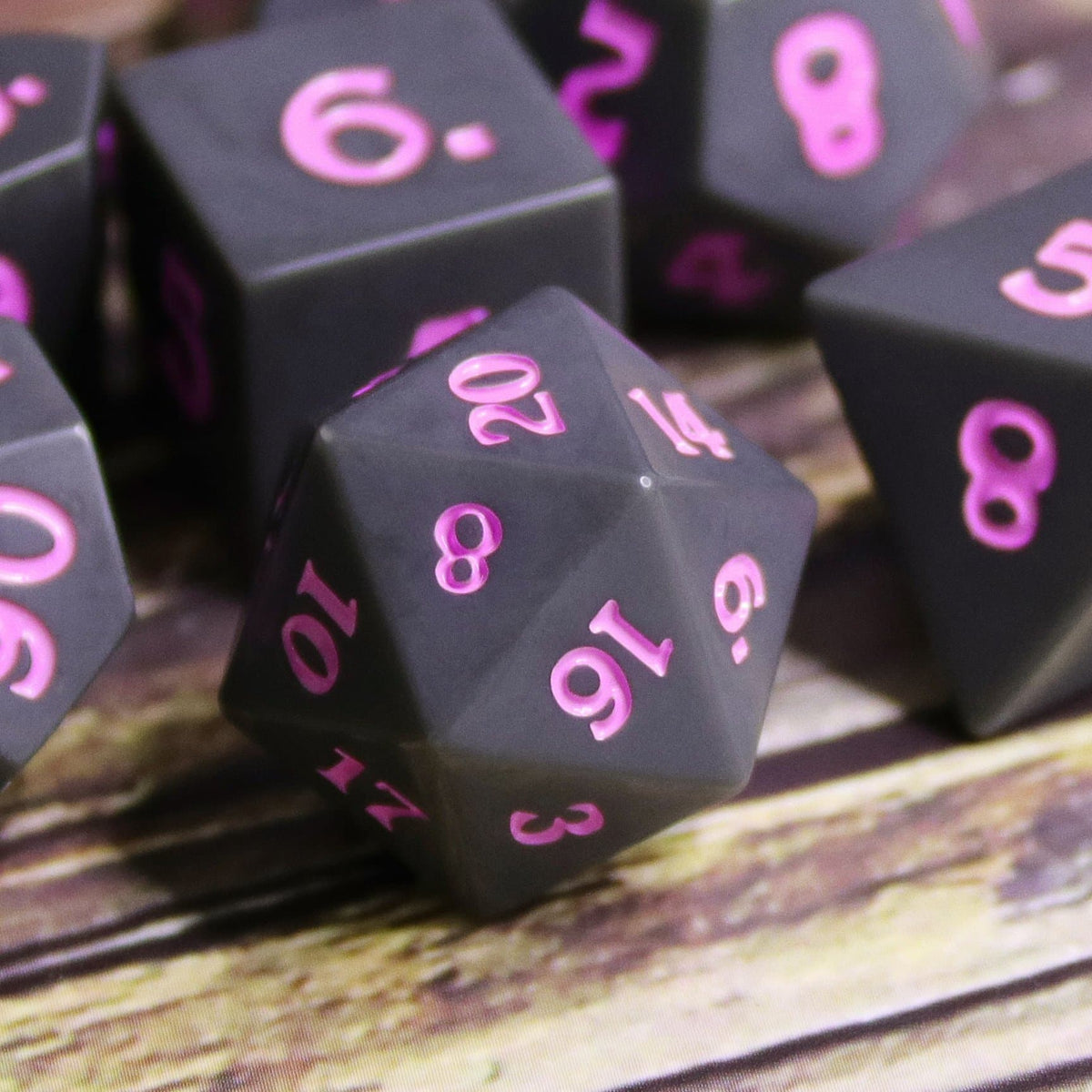 Polyhedral Dice Set | Acrylic | Slate w/ Purple Ink (Sharp Edged) | Set of 7 (D0096)