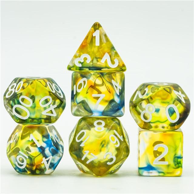 Polyhedral Dice Set | Resin |  "Stained Glass" Yellow & Green | Set of 7 (D0026)