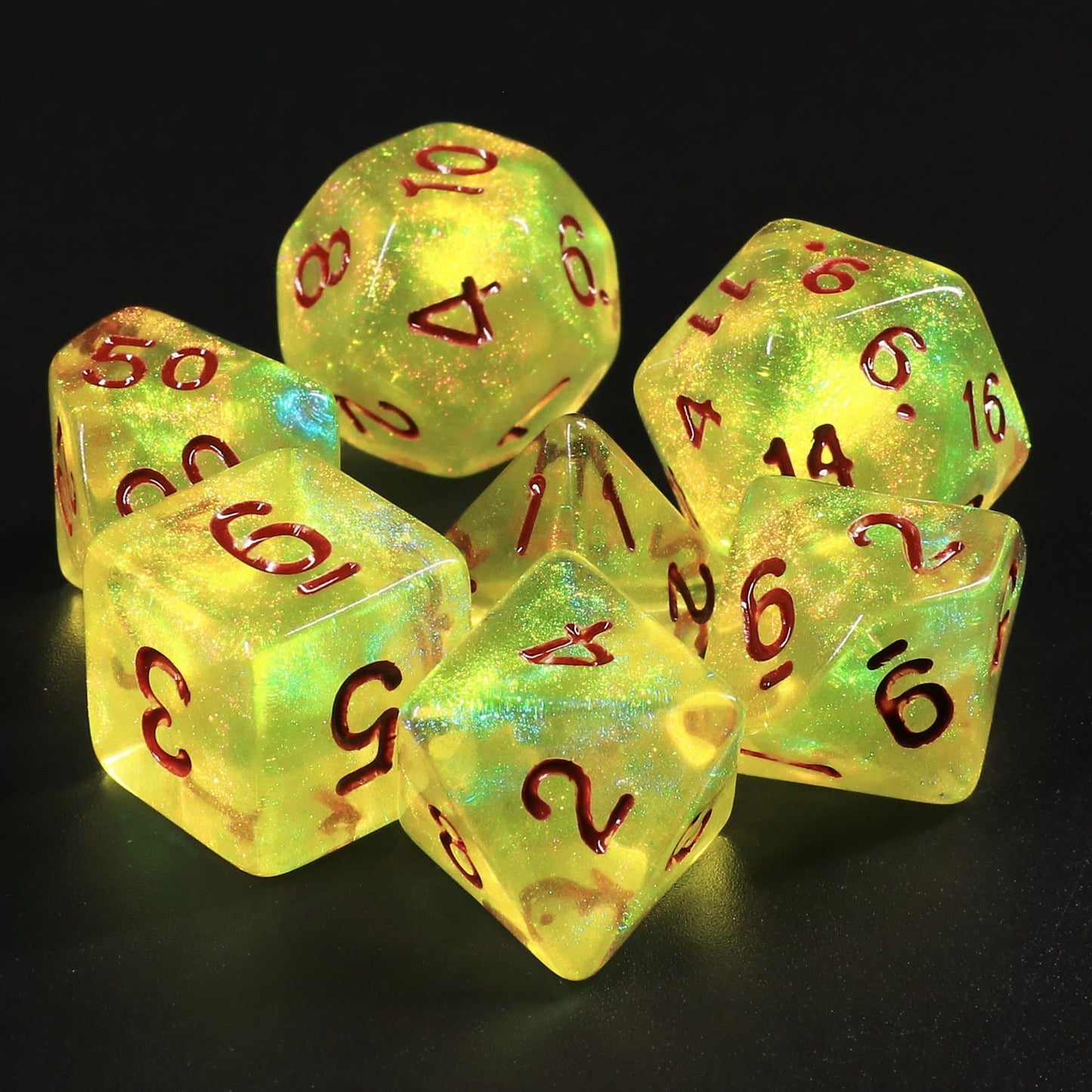 Polyhedral Dice Set | Acrylic | "Acidic Slime" (Red Ink) | Set of 7 (D0060)